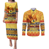 Personalised PNG Hamamas Krismas Couples Matching Puletasi Dress and Long Sleeve Button Shirt Papua New Guinea Bird Of Paradise Merry Christmas Gold Style LT9 - Wonder Print Shop