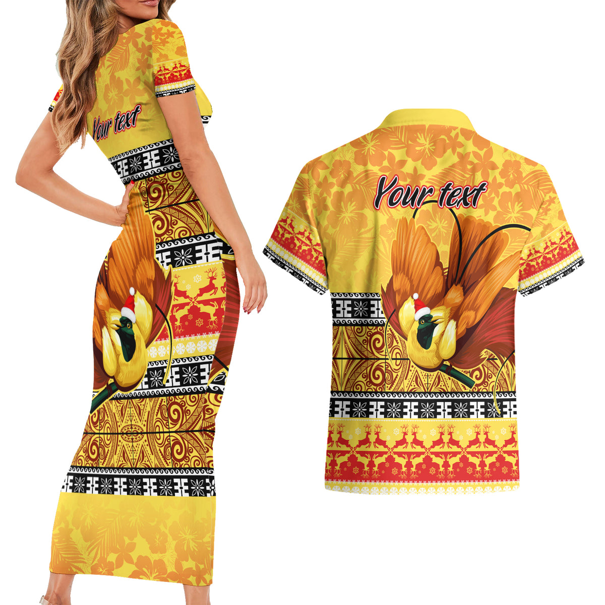 Personalised PNG Hamamas Krismas Couples Matching Short Sleeve Bodycon Dress and Hawaiian Shirt Papua New Guinea Bird Of Paradise Merry Christmas Gold Style LT9 - Wonder Print Shop