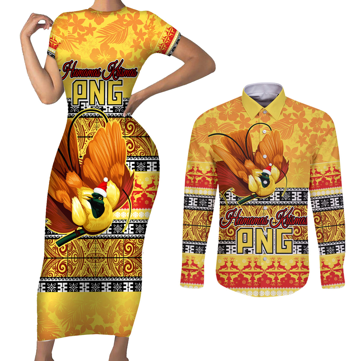 Personalised PNG Hamamas Krismas Couples Matching Short Sleeve Bodycon Dress and Long Sleeve Button Shirt Papua New Guinea Bird Of Paradise Merry Christmas Gold Style LT9 - Wonder Print Shop