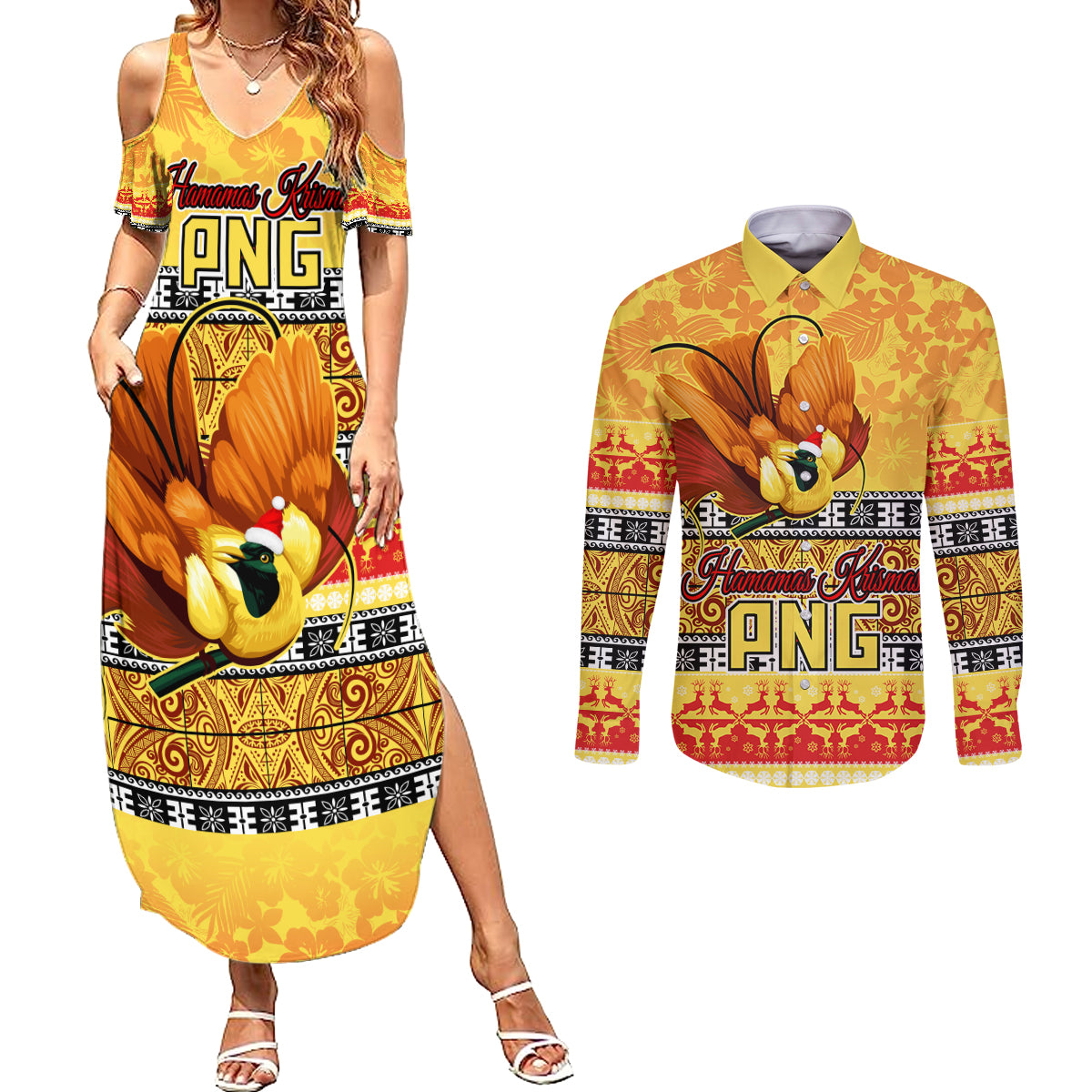 Personalised PNG Hamamas Krismas Couples Matching Summer Maxi Dress and Long Sleeve Button Shirt Papua New Guinea Bird Of Paradise Merry Christmas Gold Style LT9 - Wonder Print Shop