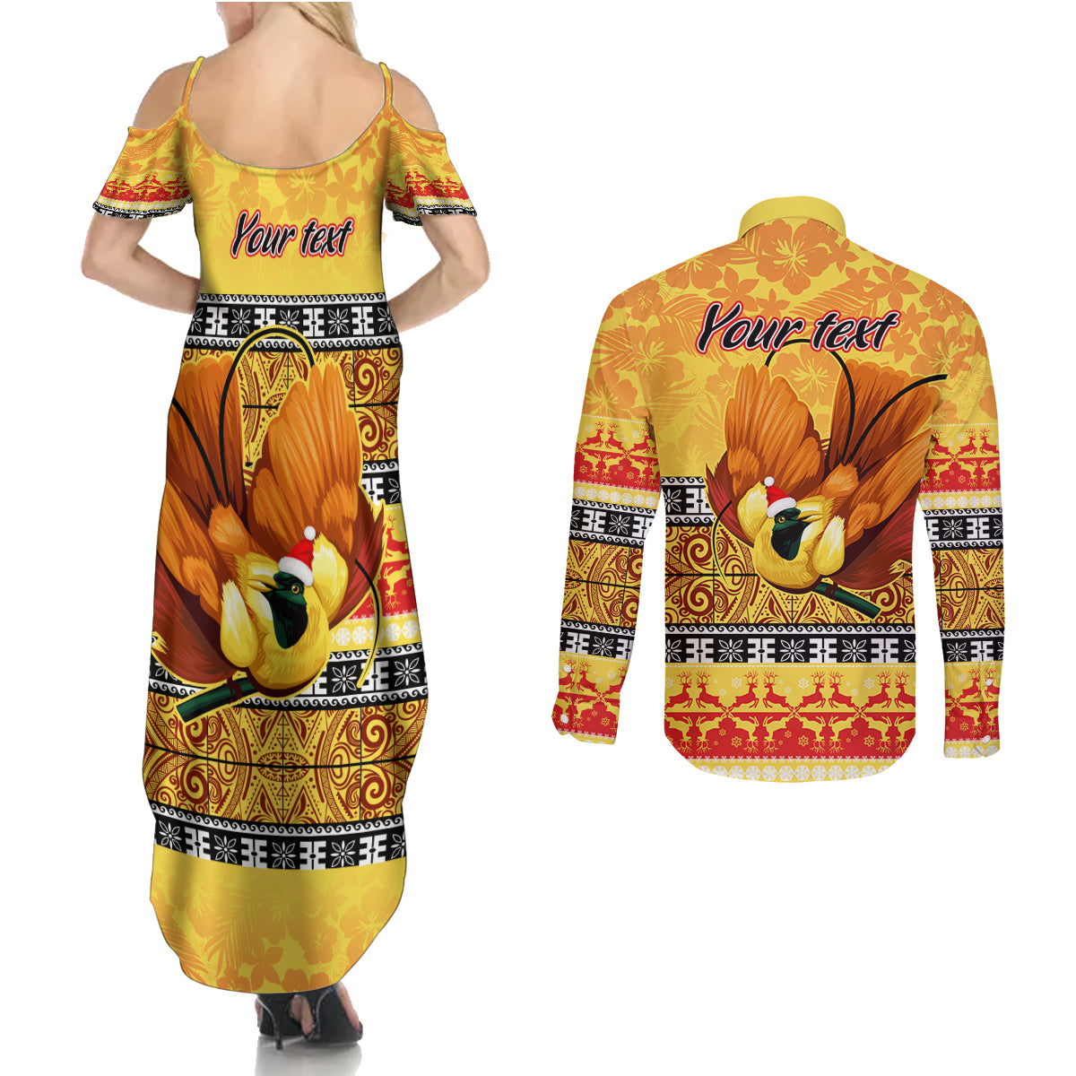 Personalised PNG Hamamas Krismas Couples Matching Summer Maxi Dress and Long Sleeve Button Shirt Papua New Guinea Bird Of Paradise Merry Christmas Gold Style LT9 - Wonder Print Shop