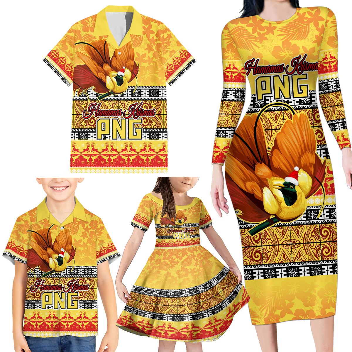 Personalised PNG Hamamas Krismas Family Matching Long Sleeve Bodycon Dress and Hawaiian Shirt Papua New Guinea Bird Of Paradise Merry Christmas Gold Style LT9 - Wonder Print Shop