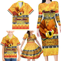 Personalised PNG Hamamas Krismas Family Matching Long Sleeve Bodycon Dress and Hawaiian Shirt Papua New Guinea Bird Of Paradise Merry Christmas Gold Style LT9 - Wonder Print Shop