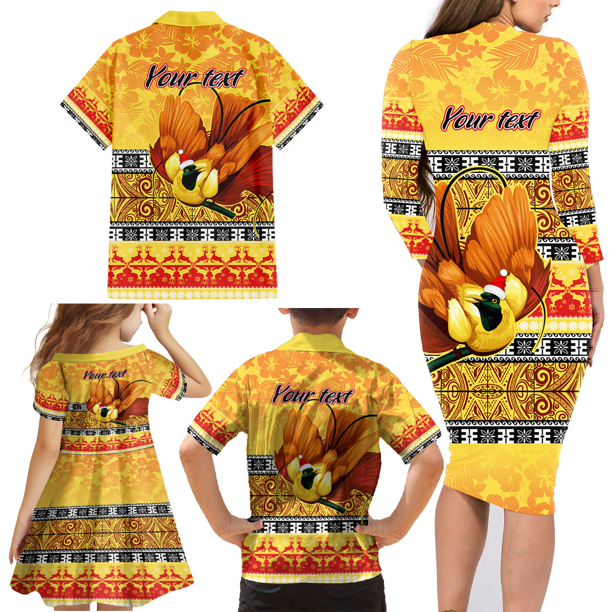 Personalised PNG Hamamas Krismas Family Matching Long Sleeve Bodycon Dress and Hawaiian Shirt Papua New Guinea Bird Of Paradise Merry Christmas Gold Style LT9 - Wonder Print Shop