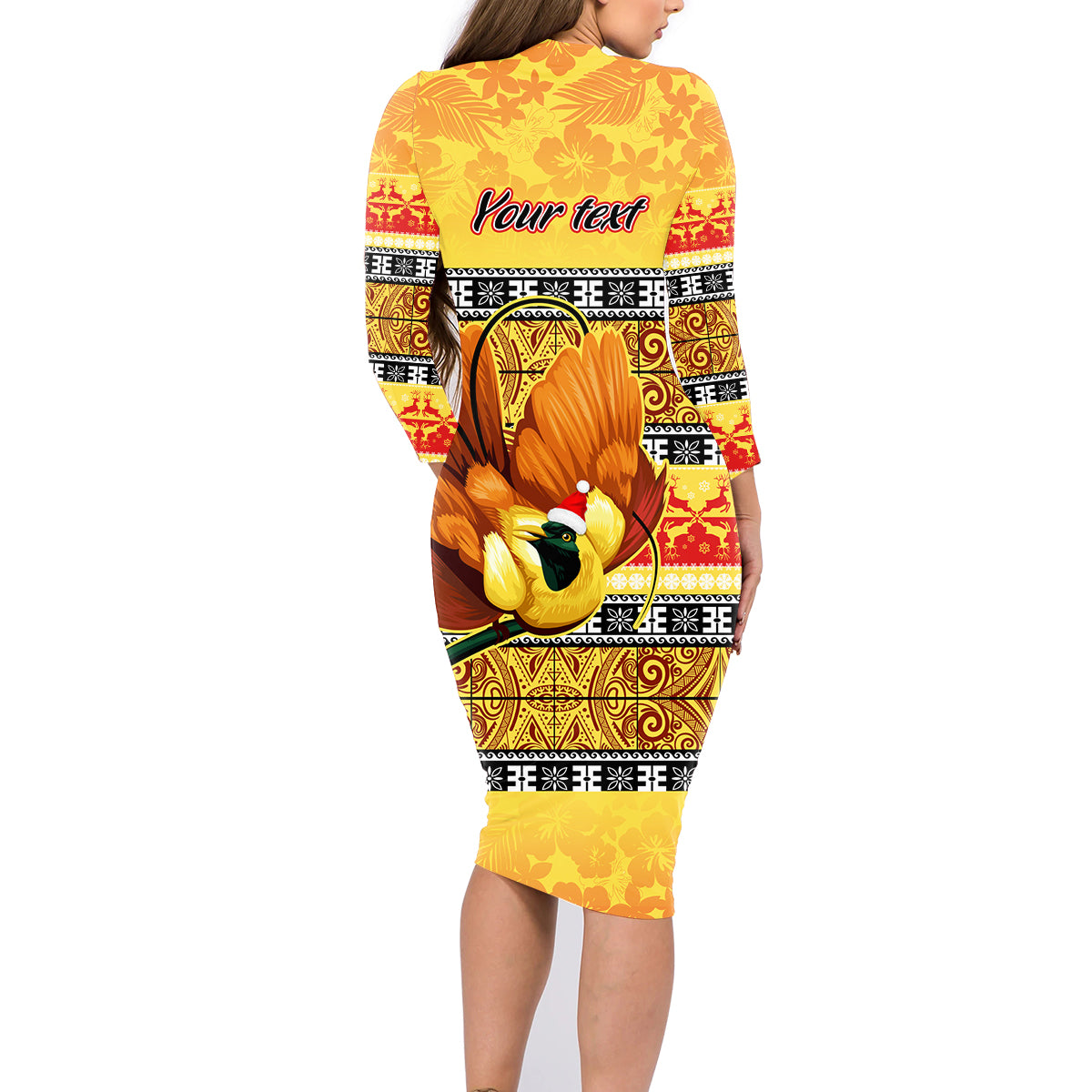 Personalised PNG Hamamas Krismas Family Matching Long Sleeve Bodycon Dress and Hawaiian Shirt Papua New Guinea Bird Of Paradise Merry Christmas Gold Style LT9 - Wonder Print Shop