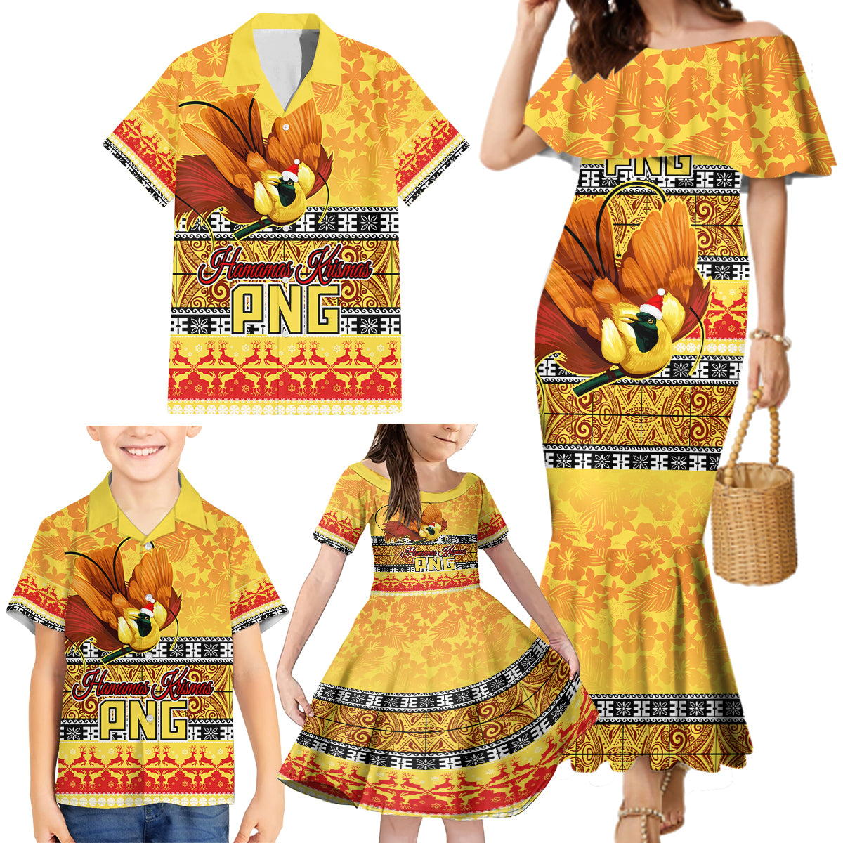 Personalised PNG Hamamas Krismas Family Matching Mermaid Dress and Hawaiian Shirt Papua New Guinea Bird Of Paradise Merry Christmas Gold Style LT9 - Wonder Print Shop