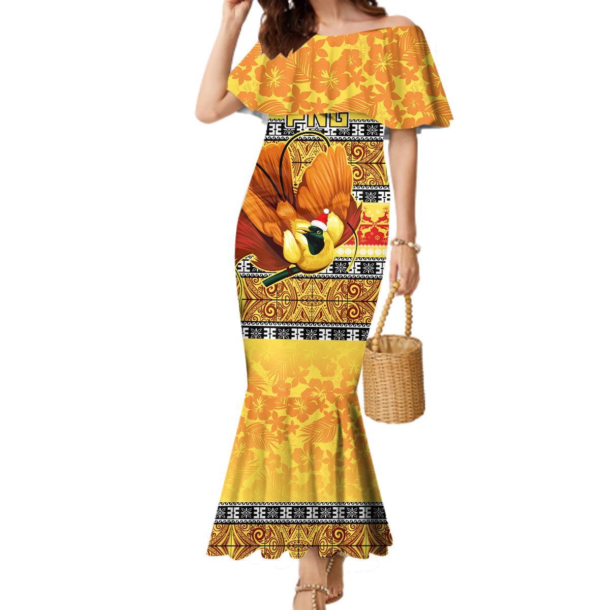 Personalised PNG Hamamas Krismas Family Matching Mermaid Dress and Hawaiian Shirt Papua New Guinea Bird Of Paradise Merry Christmas Gold Style LT9 - Wonder Print Shop
