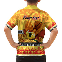 Personalised PNG Hamamas Krismas Family Matching Off Shoulder Long Sleeve Dress and Hawaiian Shirt Papua New Guinea Bird Of Paradise Merry Christmas Gold Style - Wonder Print Shop