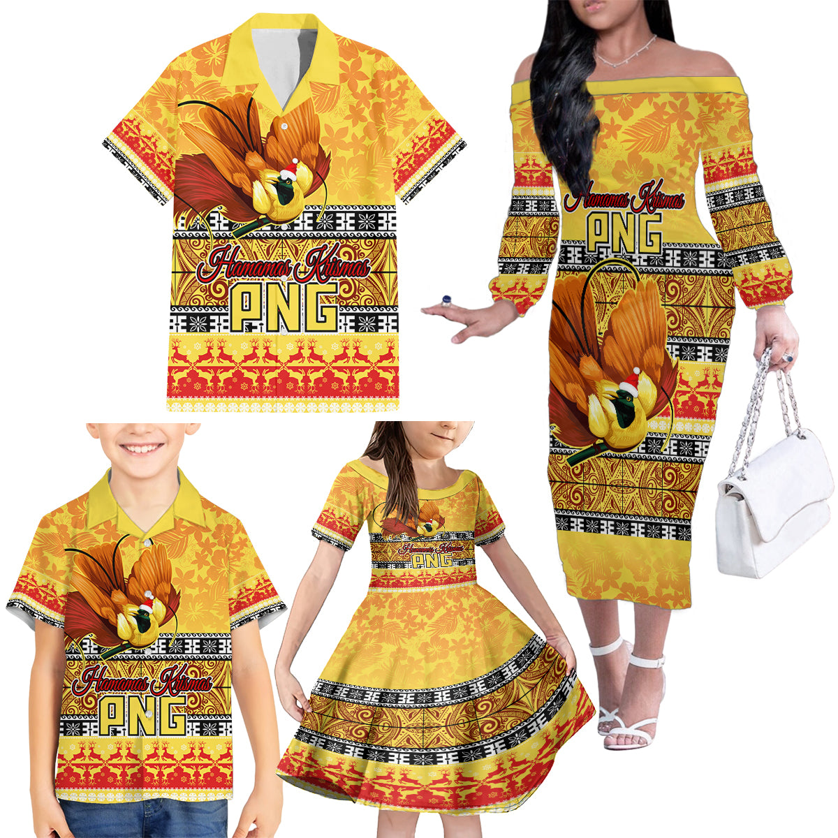 Personalised PNG Hamamas Krismas Family Matching Off Shoulder Long Sleeve Dress and Hawaiian Shirt Papua New Guinea Bird Of Paradise Merry Christmas Gold Style - Wonder Print Shop