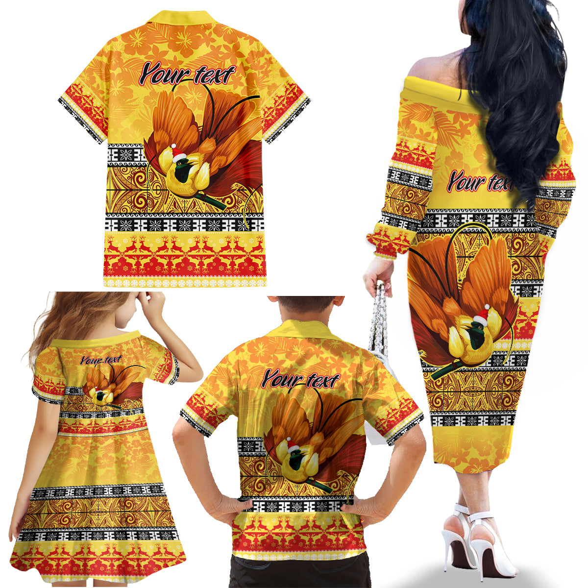 Personalised PNG Hamamas Krismas Family Matching Off Shoulder Long Sleeve Dress and Hawaiian Shirt Papua New Guinea Bird Of Paradise Merry Christmas Gold Style - Wonder Print Shop