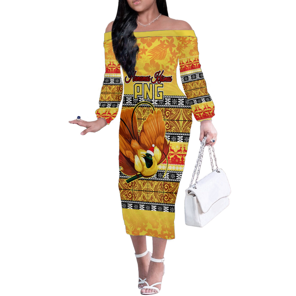 Personalised PNG Hamamas Krismas Family Matching Off Shoulder Long Sleeve Dress and Hawaiian Shirt Papua New Guinea Bird Of Paradise Merry Christmas Gold Style - Wonder Print Shop