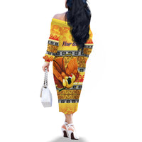 Personalised PNG Hamamas Krismas Family Matching Off Shoulder Long Sleeve Dress and Hawaiian Shirt Papua New Guinea Bird Of Paradise Merry Christmas Gold Style - Wonder Print Shop