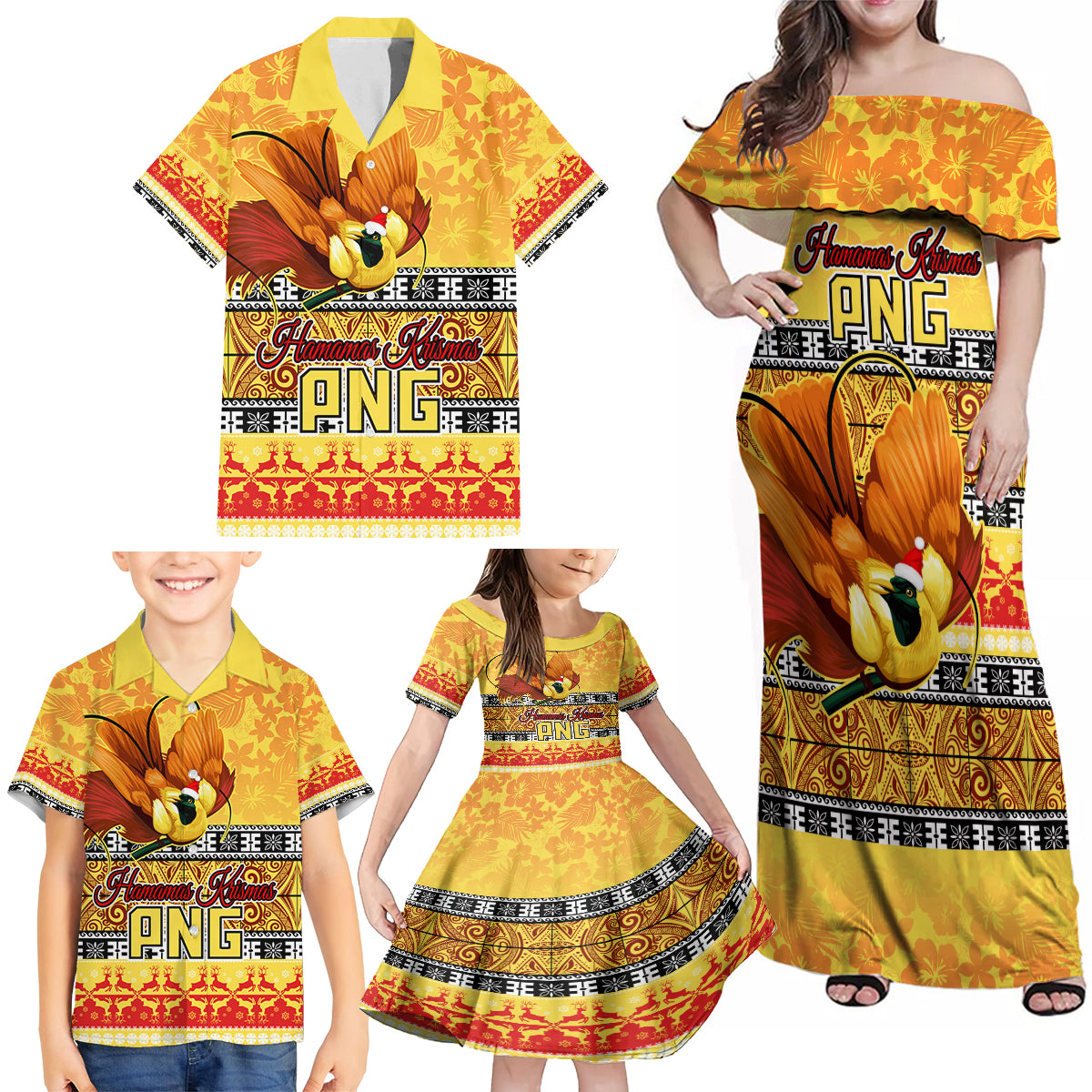 Personalised PNG Hamamas Krismas Family Matching Off Shoulder Maxi Dress and Hawaiian Shirt Papua New Guinea Bird Of Paradise Merry Christmas Gold Style LT9 - Wonder Print Shop
