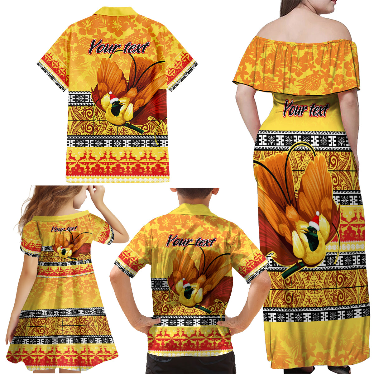 Personalised PNG Hamamas Krismas Family Matching Off Shoulder Maxi Dress and Hawaiian Shirt Papua New Guinea Bird Of Paradise Merry Christmas Gold Style LT9 - Wonder Print Shop