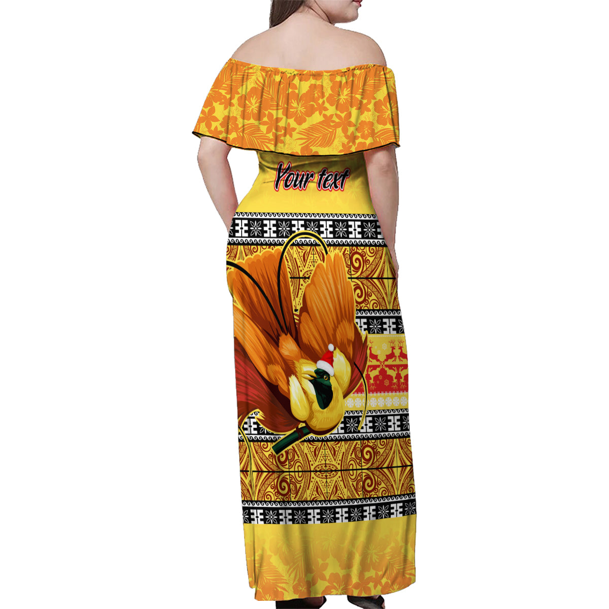 Personalised PNG Hamamas Krismas Family Matching Off Shoulder Maxi Dress and Hawaiian Shirt Papua New Guinea Bird Of Paradise Merry Christmas Gold Style LT9 - Wonder Print Shop