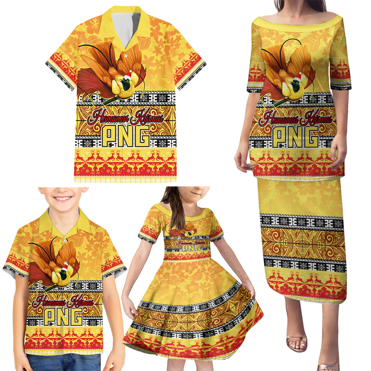 Personalised PNG Hamamas Krismas Family Matching Puletasi Dress and Hawaiian Shirt Papua New Guinea Bird Of Paradise Merry Christmas Gold Style - Wonder Print Shop