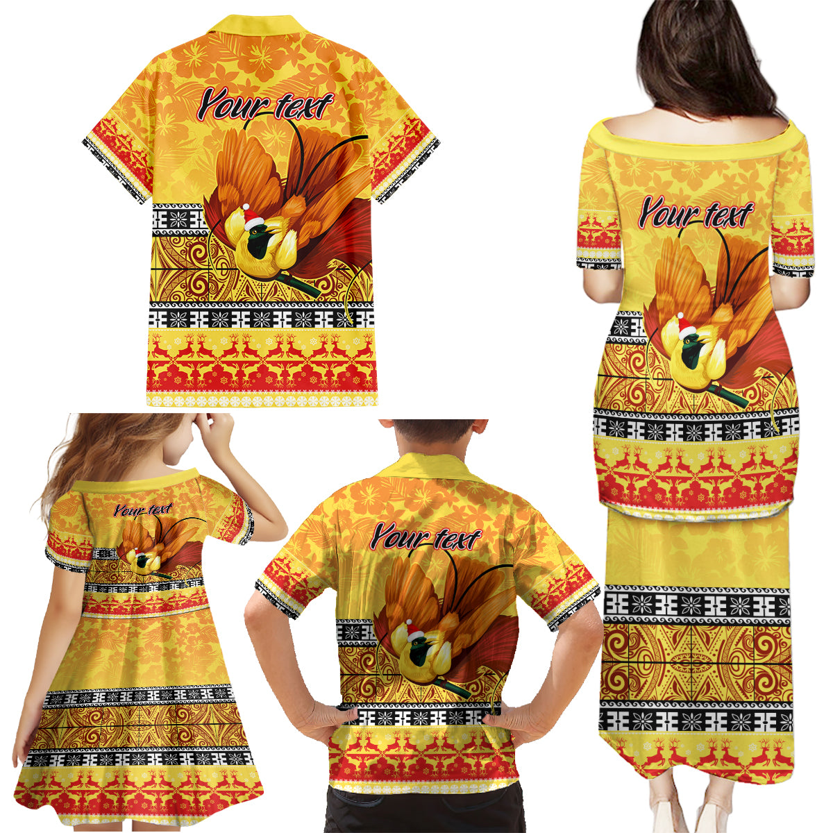 Personalised PNG Hamamas Krismas Family Matching Puletasi Dress and Hawaiian Shirt Papua New Guinea Bird Of Paradise Merry Christmas Gold Style - Wonder Print Shop