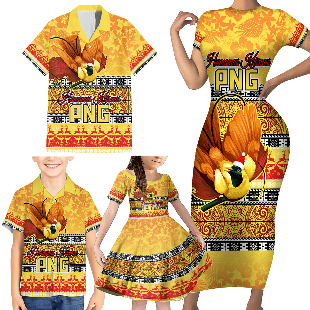 Personalised PNG Hamamas Krismas Family Matching Short Sleeve Bodycon Dress and Hawaiian Shirt Papua New Guinea Bird Of Paradise Merry Christmas Gold Style - Wonder Print Shop