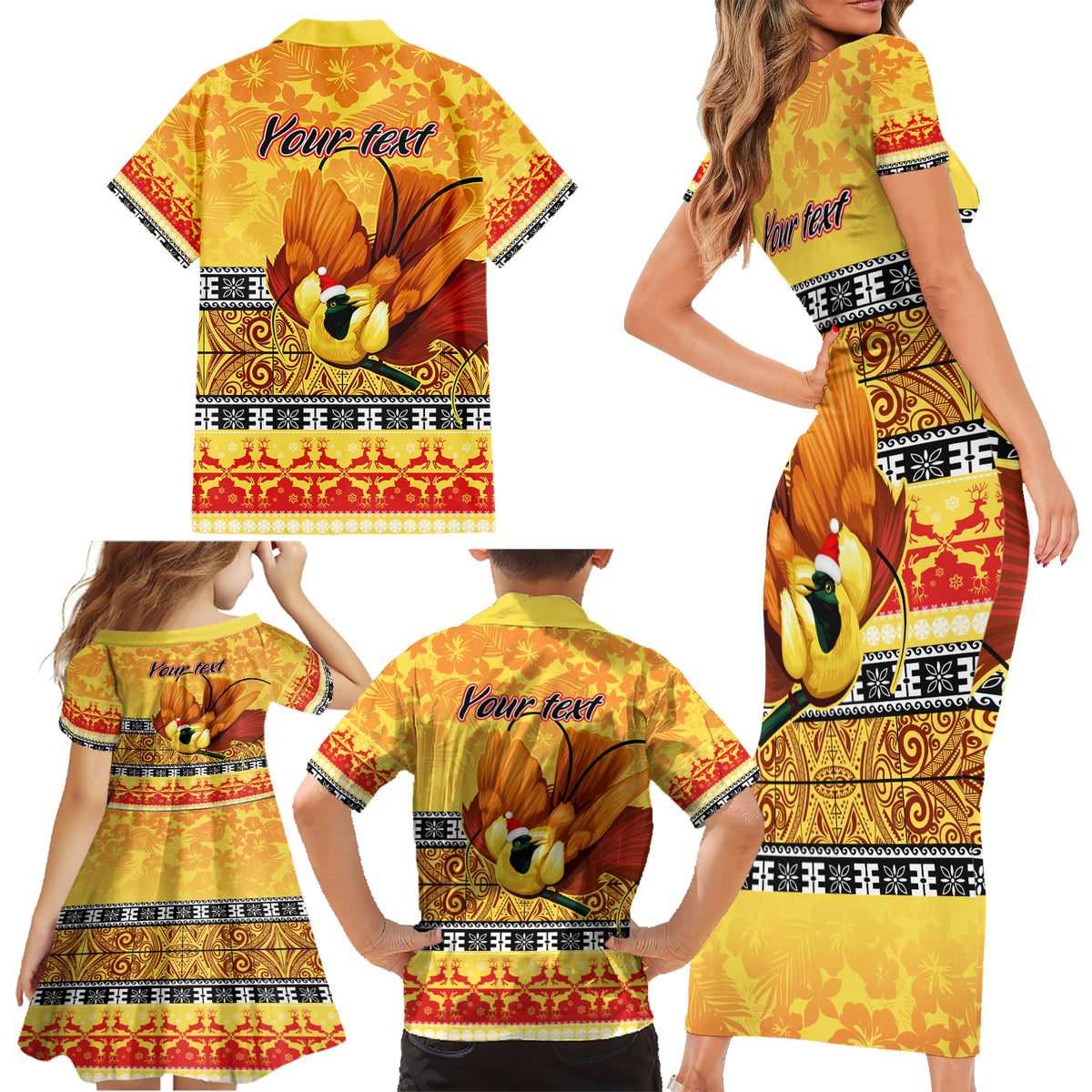 Personalised PNG Hamamas Krismas Family Matching Short Sleeve Bodycon Dress and Hawaiian Shirt Papua New Guinea Bird Of Paradise Merry Christmas Gold Style - Wonder Print Shop