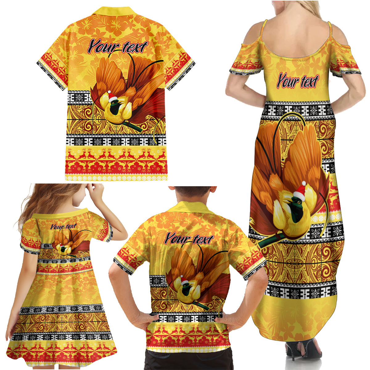 Personalised PNG Hamamas Krismas Family Matching Summer Maxi Dress and Hawaiian Shirt Papua New Guinea Bird Of Paradise Merry Christmas Gold Style - Wonder Print Shop
