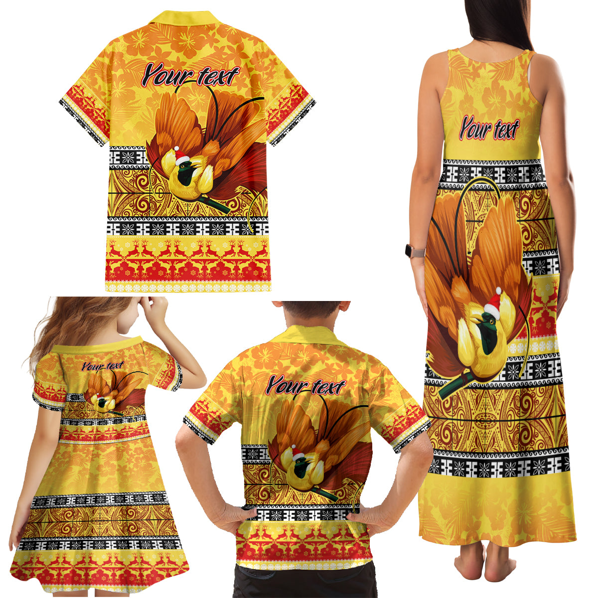 Personalised PNG Hamamas Krismas Family Matching Tank Maxi Dress and Hawaiian Shirt Papua New Guinea Bird Of Paradise Merry Christmas Gold Style - Wonder Print Shop