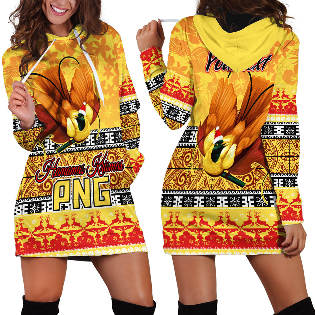 Personalised PNG Hamamas Krismas Hoodie Dress Papua New Guinea Bird Of Paradise Merry Christmas Gold Style - Wonder Print Shop