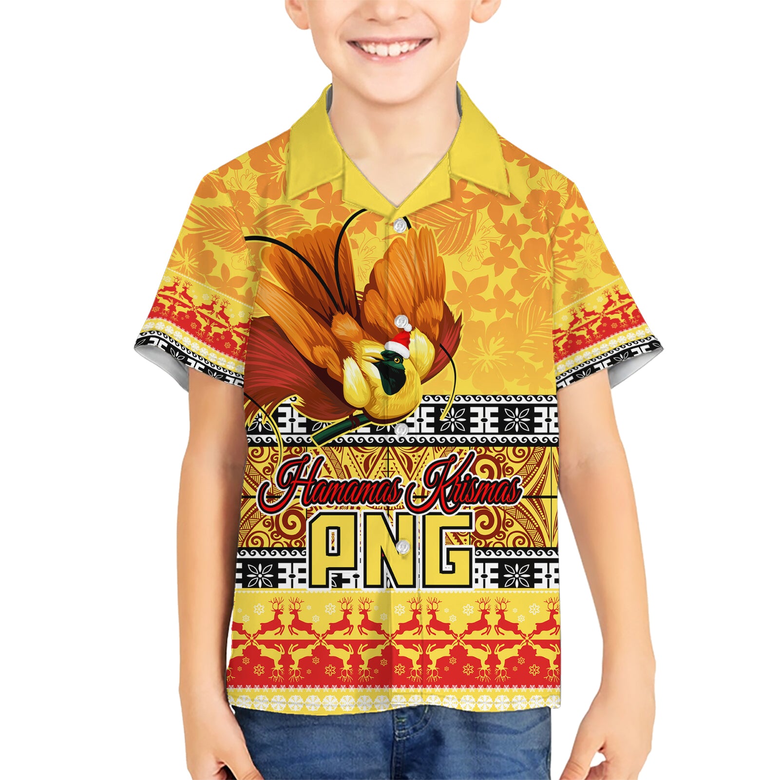 Personalised PNG Hamamas Krismas Kid Hawaiian Shirt Papua New Guinea Bird Of Paradise Merry Christmas Gold Style - Wonder Print Shop