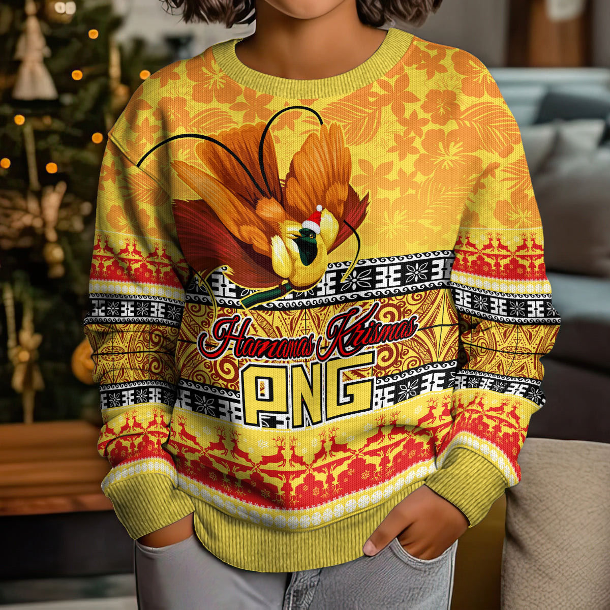 Personalised PNG Hamamas Krismas Kid Ugly Christmas Sweater Papua New Guinea Bird Of Paradise Merry Christmas Gold Style - Wonder Print Shop