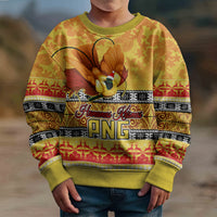 Personalised PNG Hamamas Krismas Kid Ugly Christmas Sweater Papua New Guinea Bird Of Paradise Merry Christmas Gold Style - Wonder Print Shop