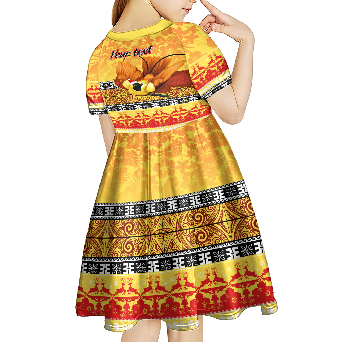 Personalised PNG Hamamas Krismas Kid Short Sleeve Dress Papua New Guinea Bird Of Paradise Merry Christmas Gold Style - Wonder Print Shop