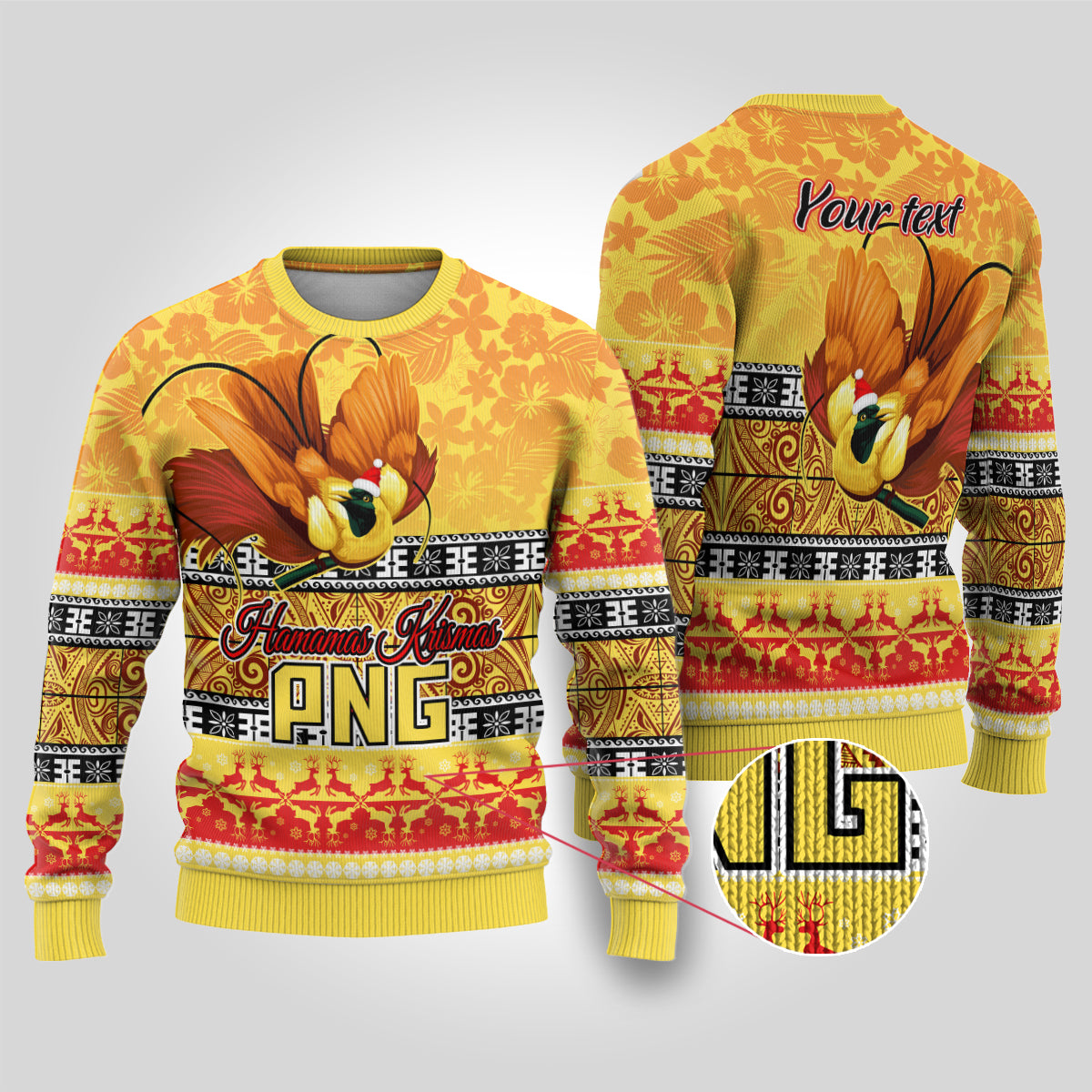 Personalised PNG Hamamas Krismas Ugly Christmas Sweater Papua New Guinea Bird Of Paradise Merry Christmas Gold Style - Wonder Print Shop