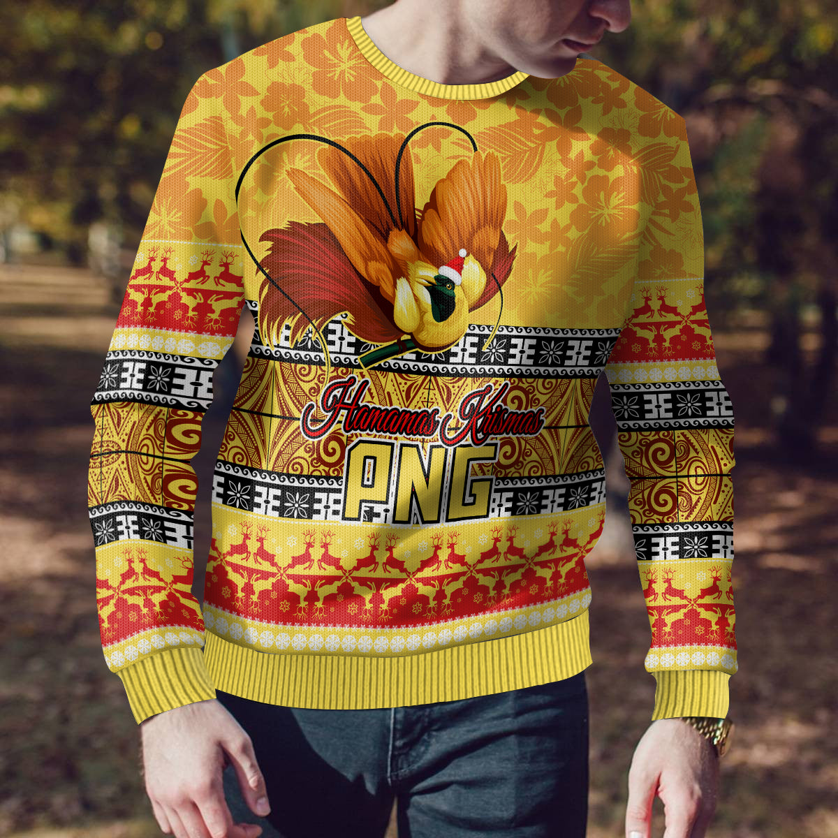 Personalised PNG Hamamas Krismas Ugly Christmas Sweater Papua New Guinea Bird Of Paradise Merry Christmas Gold Style - Wonder Print Shop