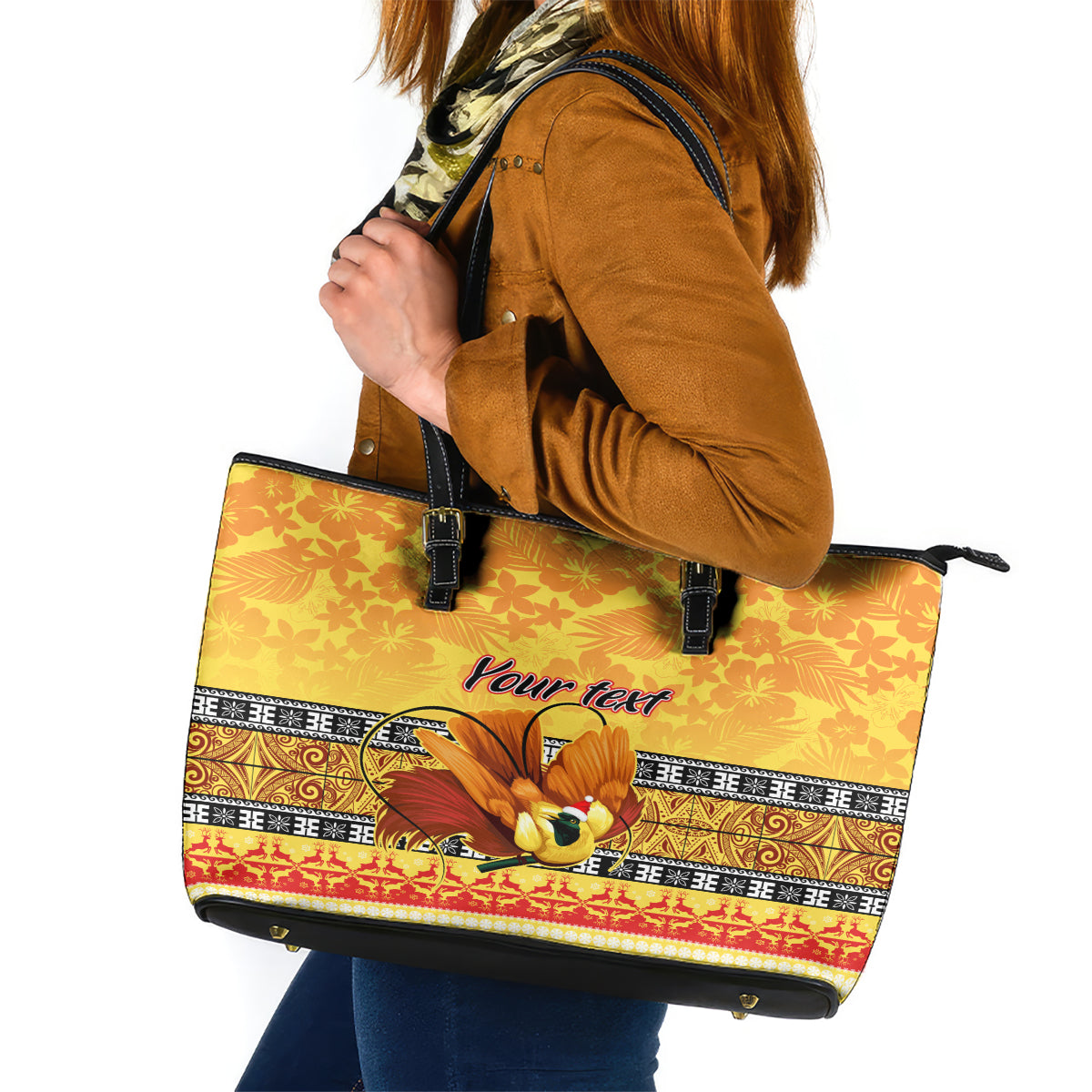 Personalised PNG Hamamas Krismas Leather Tote Bag Papua New Guinea Bird Of Paradise Merry Christmas Gold Style - Wonder Print Shop