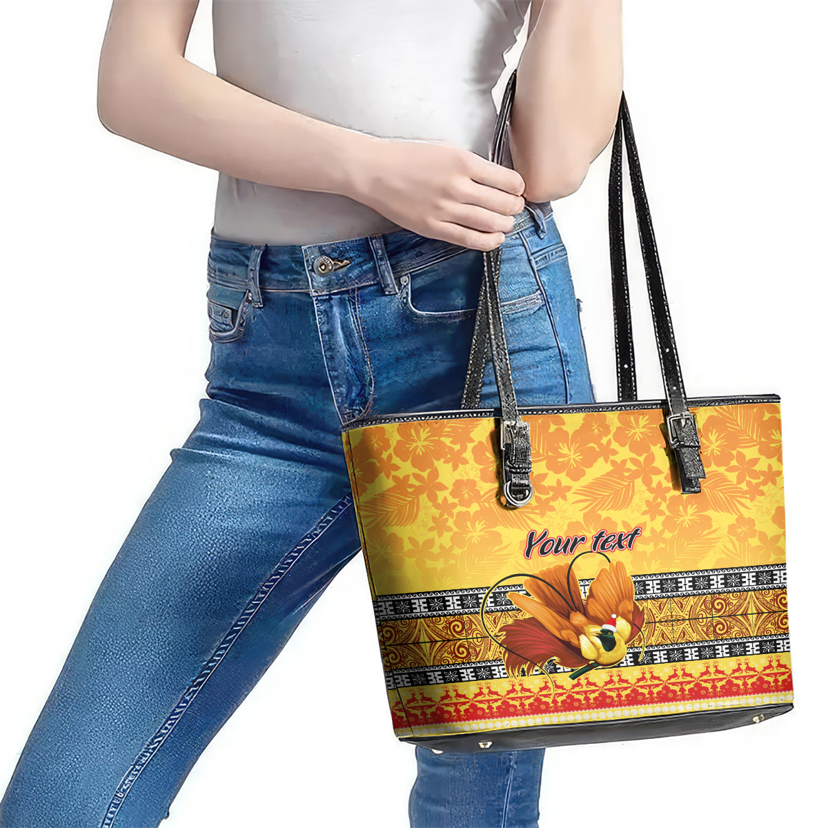 Personalised PNG Hamamas Krismas Leather Tote Bag Papua New Guinea Bird Of Paradise Merry Christmas Gold Style - Wonder Print Shop