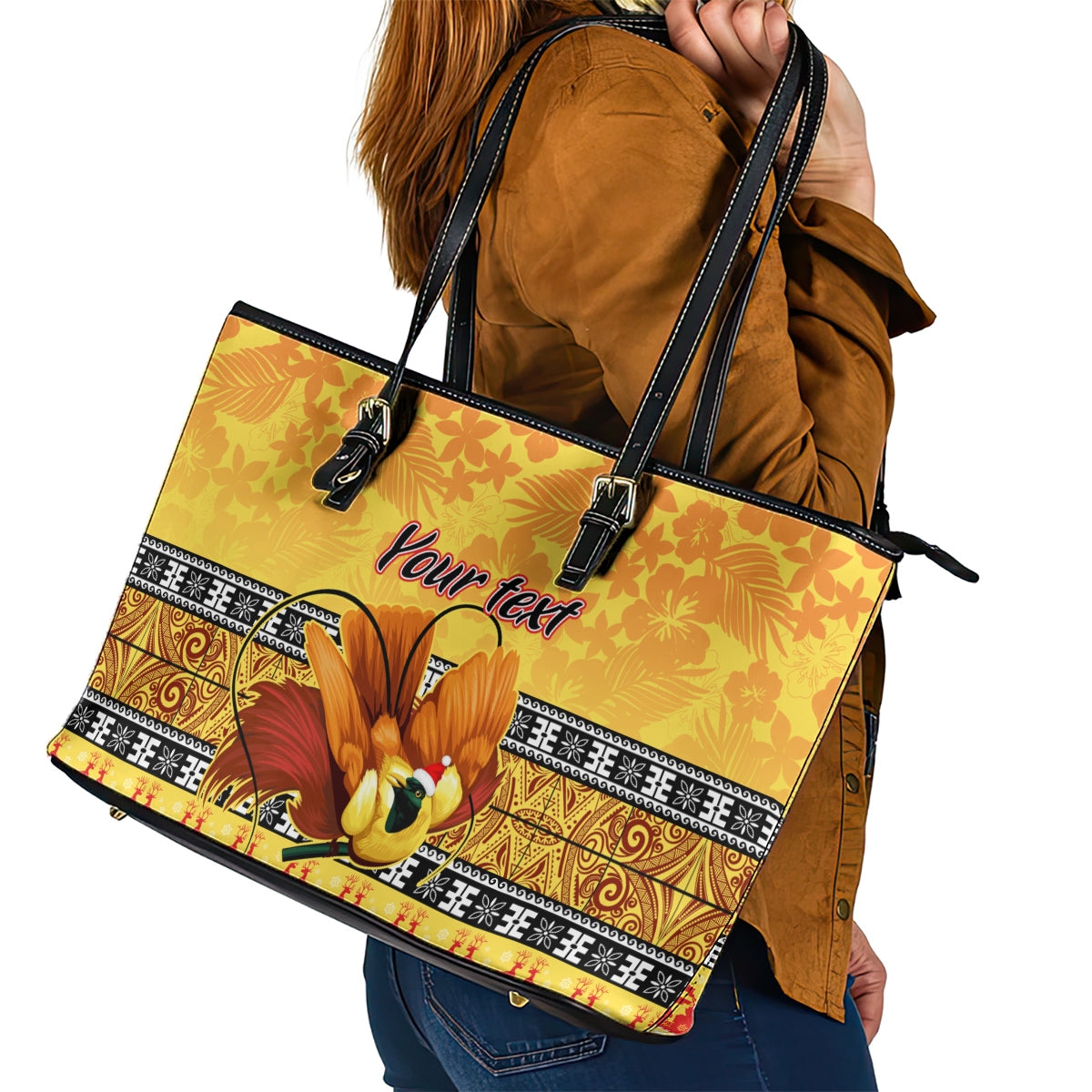 Personalised PNG Hamamas Krismas Leather Tote Bag Papua New Guinea Bird Of Paradise Merry Christmas Gold Style - Wonder Print Shop