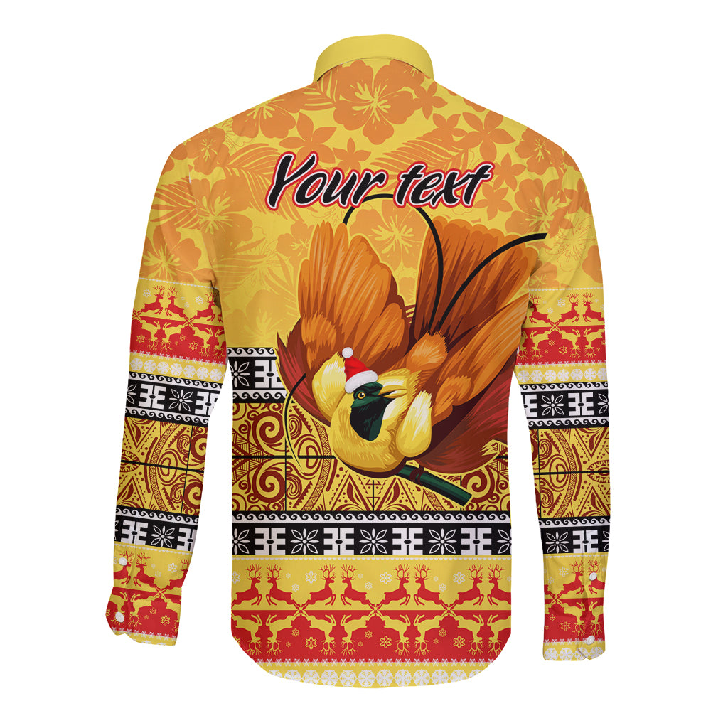 Personalised PNG Hamamas Krismas Long Sleeve Button Shirt Papua New Guinea Bird Of Paradise Merry Christmas Gold Style - Wonder Print Shop