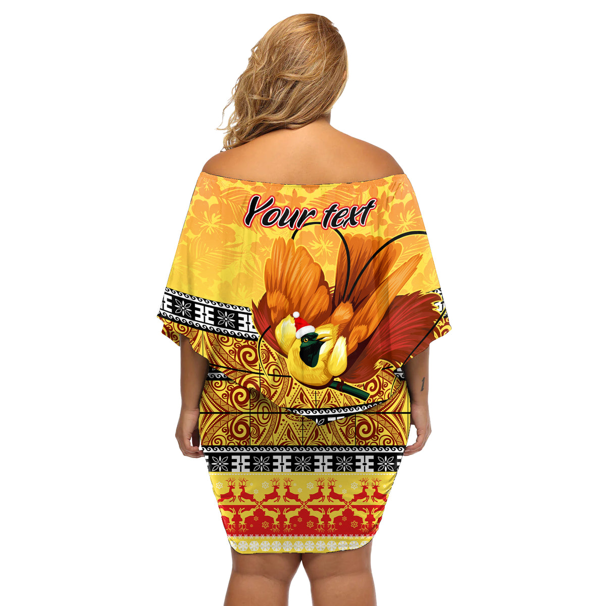 Personalised PNG Hamamas Krismas Off Shoulder Short Dress Papua New Guinea Bird Of Paradise Merry Christmas Gold Style - Wonder Print Shop