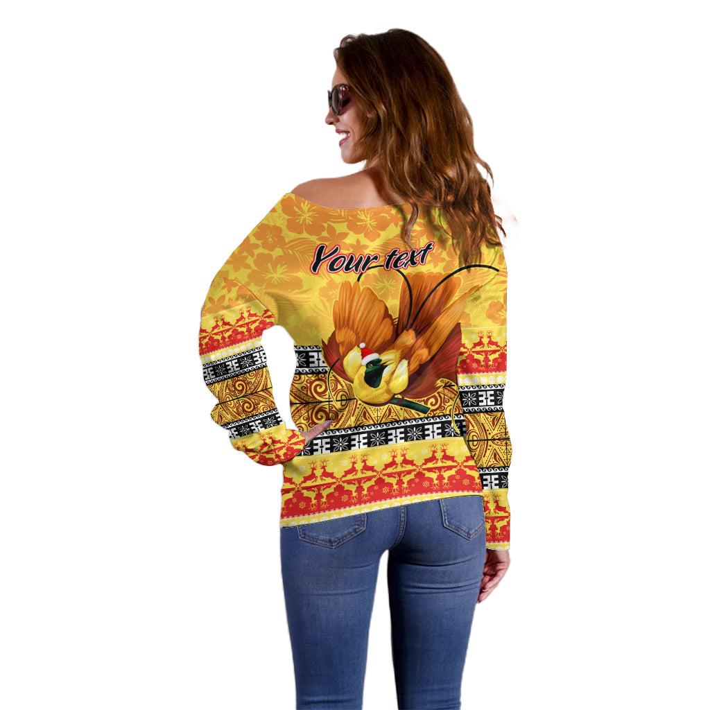 Personalised PNG Hamamas Krismas Off Shoulder Sweater Papua New Guinea Bird Of Paradise Merry Christmas Gold Style - Wonder Print Shop