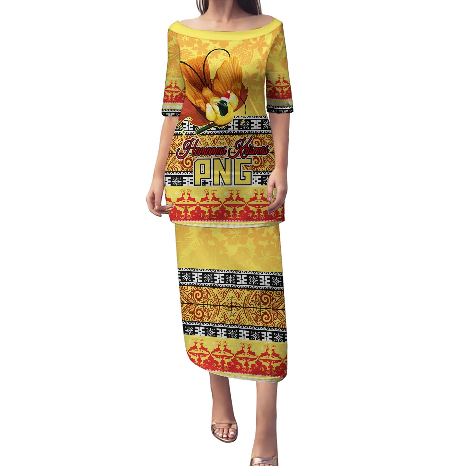 Personalised PNG Hamamas Krismas Puletasi Papua New Guinea Bird Of Paradise Merry Christmas Gold Style - Wonder Print Shop