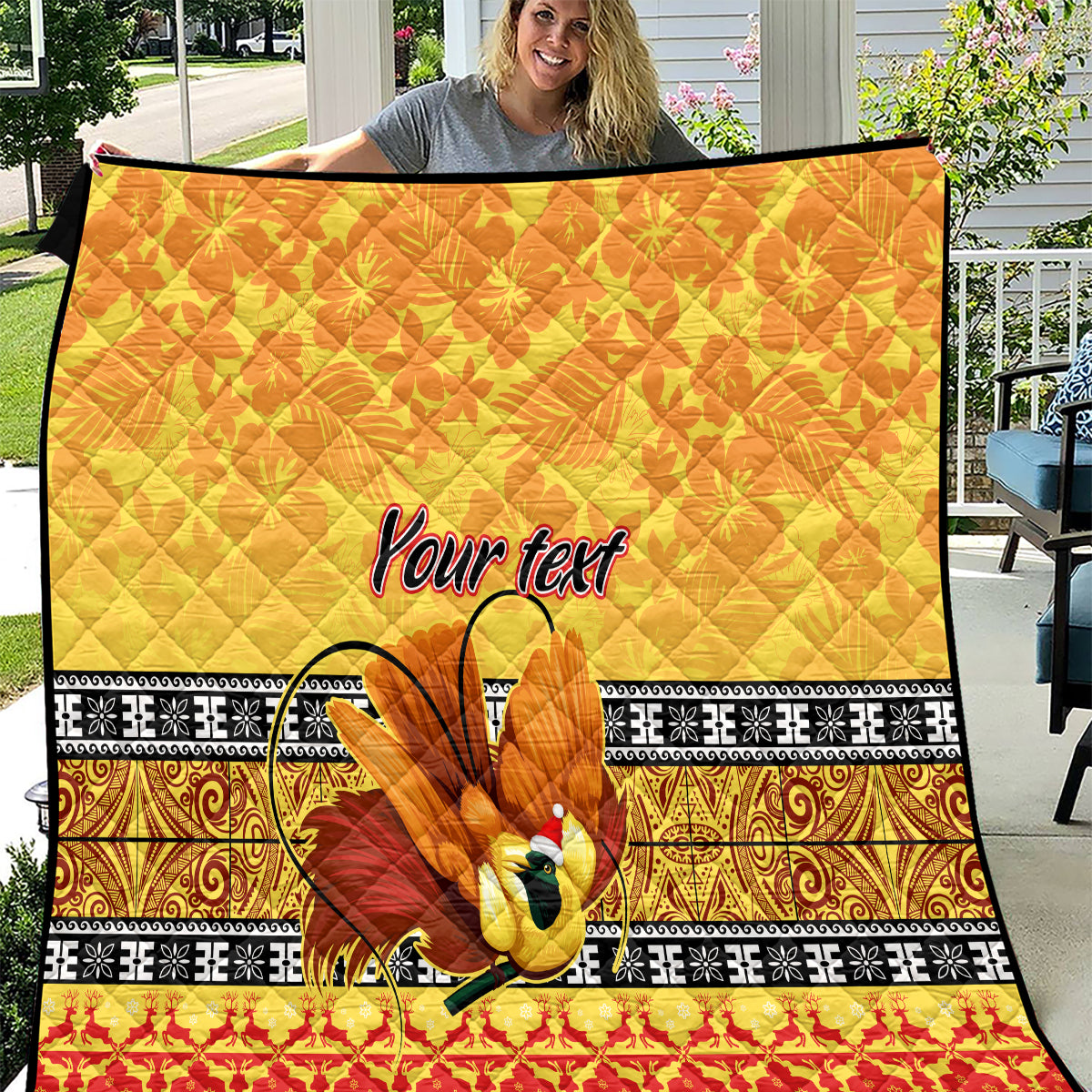 Personalised PNG Hamamas Krismas Quilt Papua New Guinea Bird Of Paradise Merry Christmas Gold Style - Wonder Print Shop