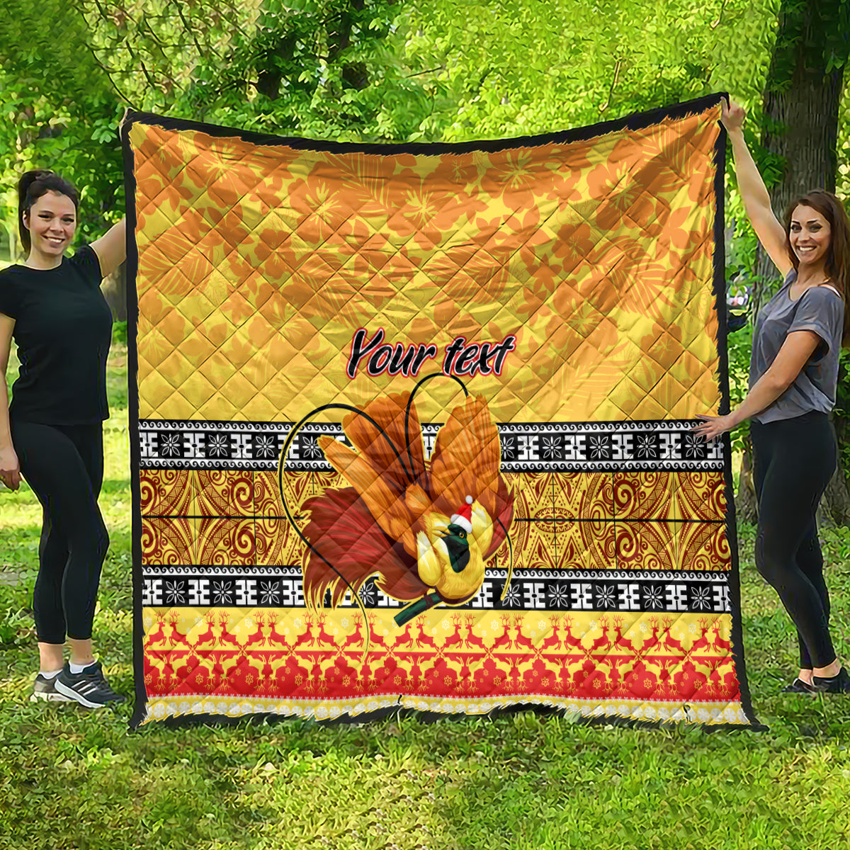 Personalised PNG Hamamas Krismas Quilt Papua New Guinea Bird Of Paradise Merry Christmas Gold Style - Wonder Print Shop
