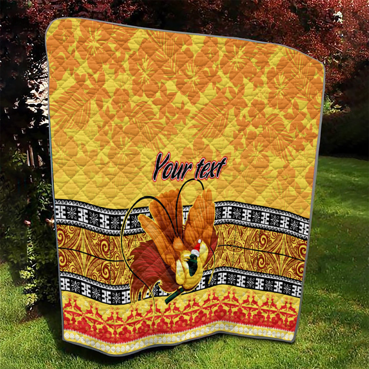 Personalised PNG Hamamas Krismas Quilt Papua New Guinea Bird Of Paradise Merry Christmas Gold Style - Wonder Print Shop