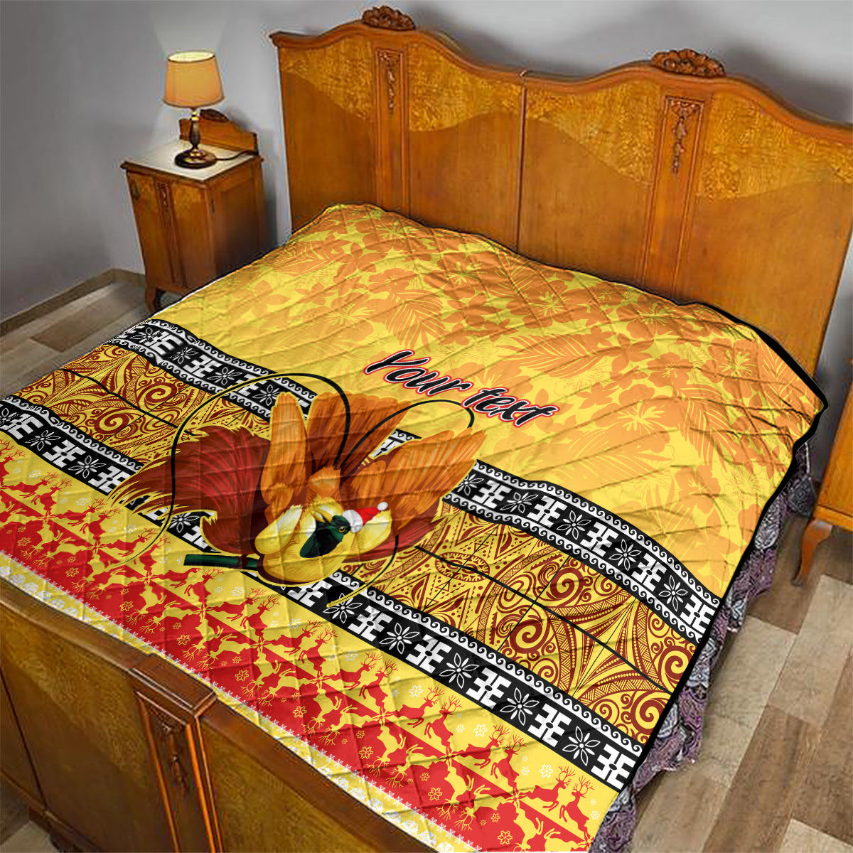 Personalised PNG Hamamas Krismas Quilt Papua New Guinea Bird Of Paradise Merry Christmas Gold Style - Wonder Print Shop