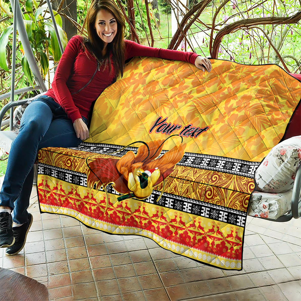 Personalised PNG Hamamas Krismas Quilt Papua New Guinea Bird Of Paradise Merry Christmas Gold Style - Wonder Print Shop