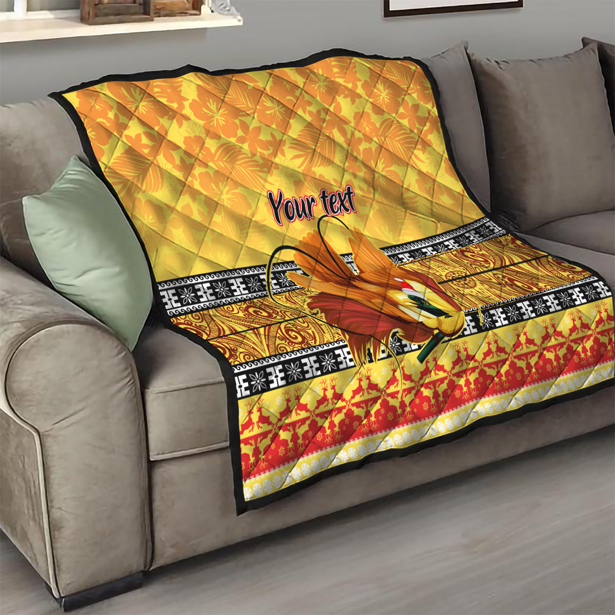 Personalised PNG Hamamas Krismas Quilt Papua New Guinea Bird Of Paradise Merry Christmas Gold Style - Wonder Print Shop
