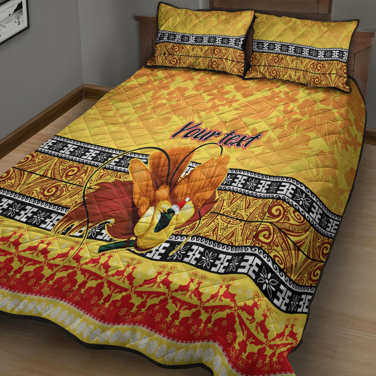 Personalised PNG Hamamas Krismas Quilt Bed Set Papua New Guinea Bird Of Paradise Merry Christmas Gold Style - Wonder Print Shop