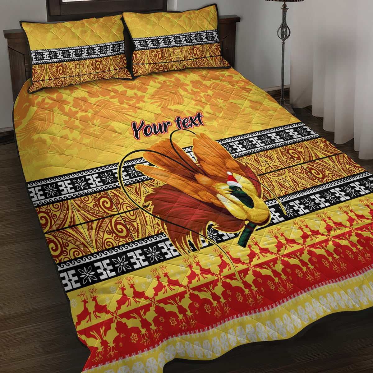 Personalised PNG Hamamas Krismas Quilt Bed Set Papua New Guinea Bird Of Paradise Merry Christmas Gold Style - Wonder Print Shop