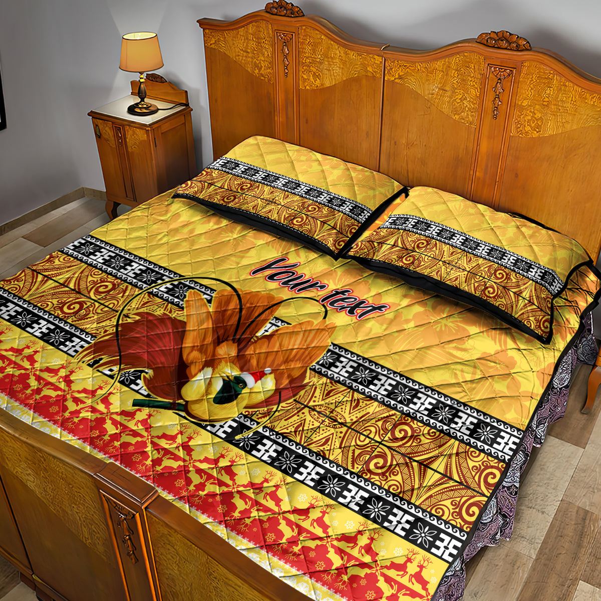 Personalised PNG Hamamas Krismas Quilt Bed Set Papua New Guinea Bird Of Paradise Merry Christmas Gold Style - Wonder Print Shop