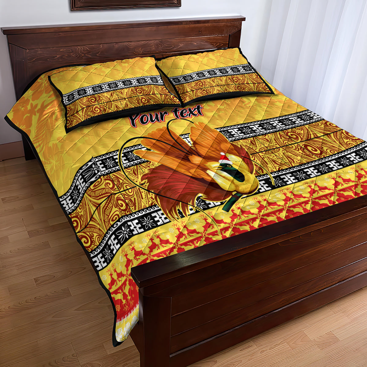Personalised PNG Hamamas Krismas Quilt Bed Set Papua New Guinea Bird Of Paradise Merry Christmas Gold Style - Wonder Print Shop