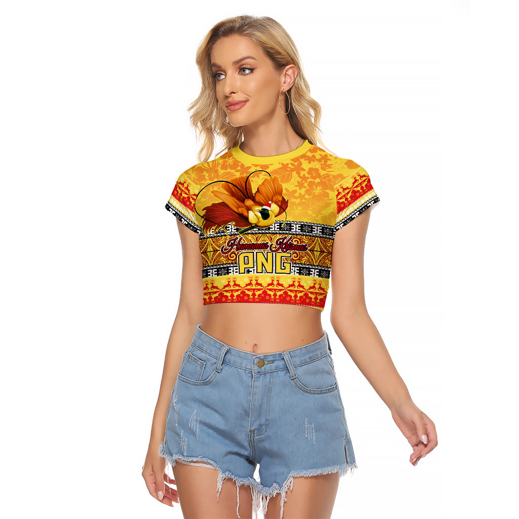 Personalised PNG Hamamas Krismas Raglan Cropped T Shirt Papua New Guinea Bird Of Paradise Merry Christmas Gold Style - Wonder Print Shop